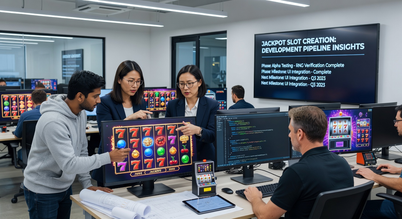 Software developers collaborating on jackpot slot prototypes in a modern studio environment