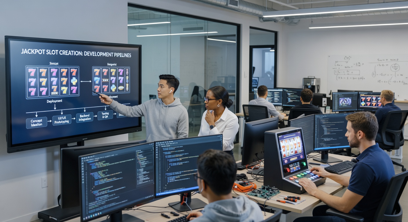 Developers reviewing code and simulation data for a progressive jackpot slot during pipeline testing