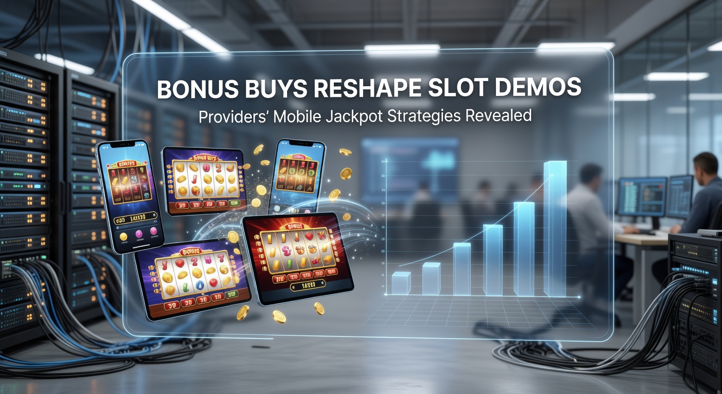 A vibrant slot demo screen showing a bonus buy button glowing amid cascading reels and jackpot meters on a mobile device