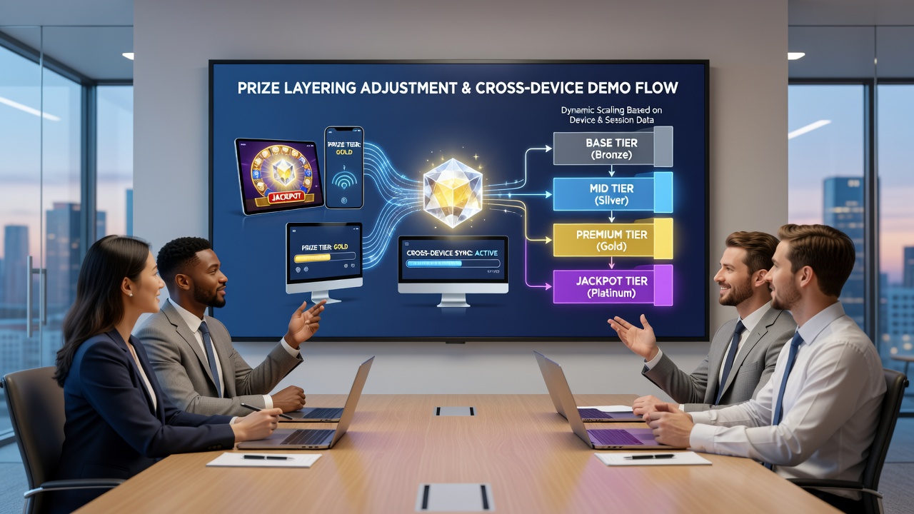Cross-device testing setup showing jackpot progress bars synchronized on phone, tablet and desktop interfaces