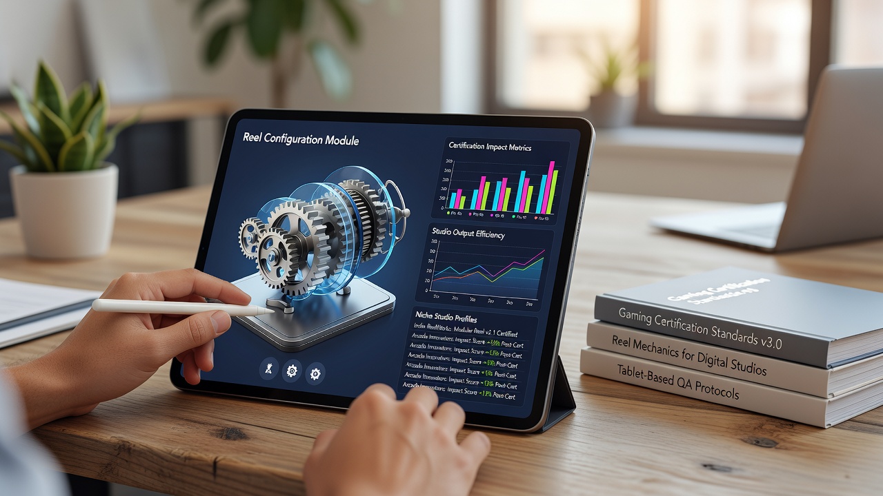 Niche gaming studio developers reviewing reel configuration testing protocols for tablet trial versions on certification platforms